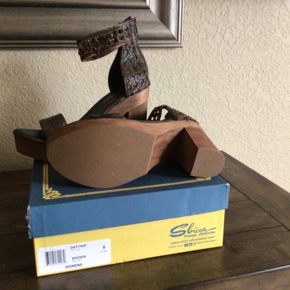 Sbicca Vintage Collection - Daytrip Platform Heels Brown Distressed Leather - Picture 3 of 9